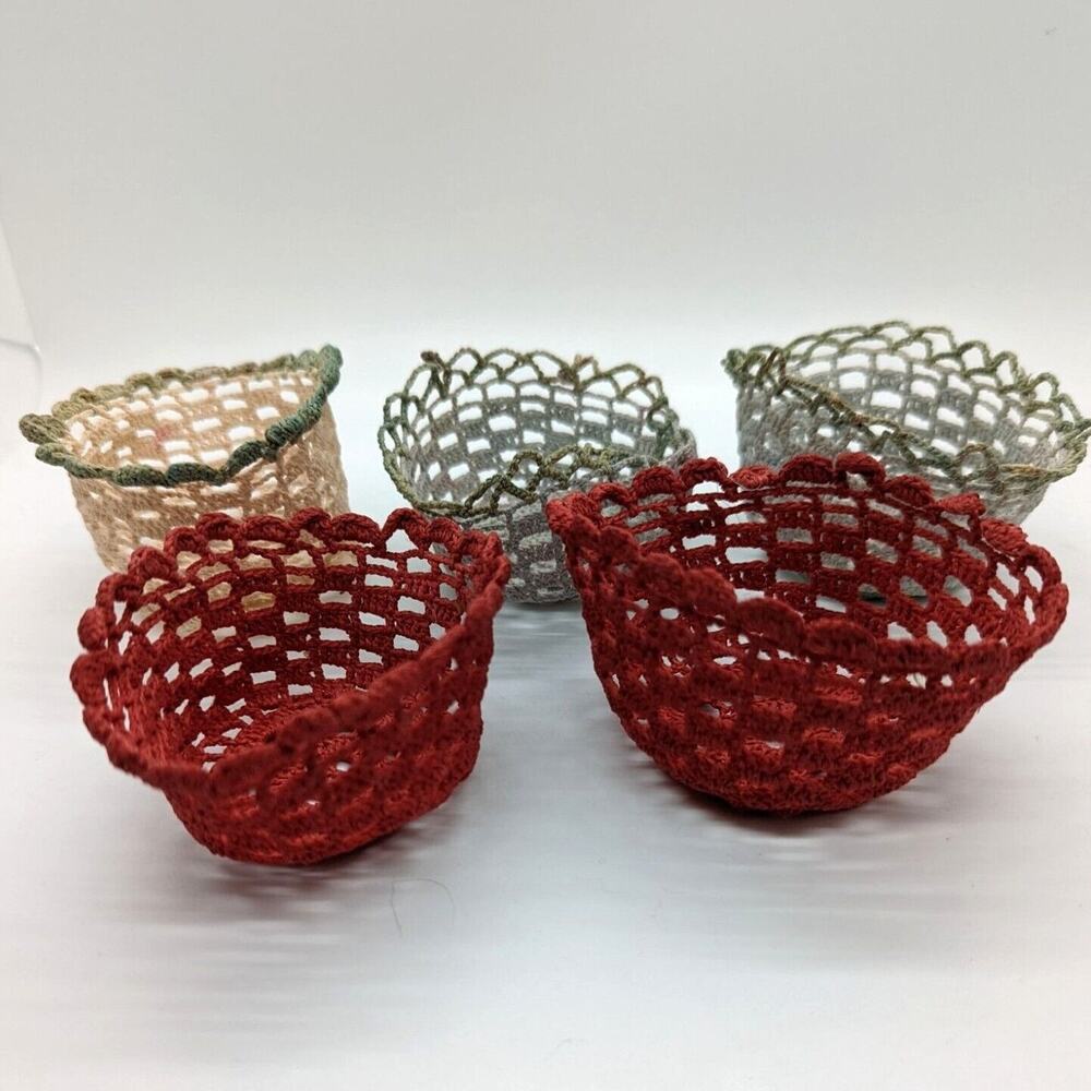 3in Mini Crochet Baskets Bowls Vintage Lot of 5 Handmade Cozies Favors Treats